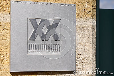 Patrimoine du XXe siecle logo and sign in french for old ancient Historic Monument from Editorial Stock Photo