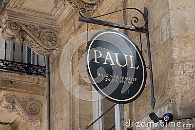 paul text shop sign brand and logo on wall facade french bakery pastry store Editorial Stock Photo