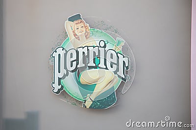 Perrier logo brand and text sign window pinup sticker bar shop Sparkling Natural Editorial Stock Photo