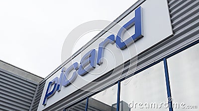 Picard logo sign and brand text of French supermarket facade windows store food Editorial Stock Photo