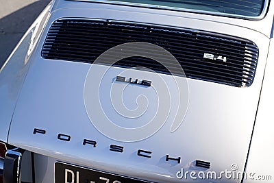 Porsche 911 2.4 911E logo brand and text sign silver sport oldtimer classic vintage Editorial Stock Photo