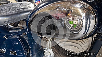 Puch logo sign and brand text on motorbike gas tank fuel vintage retro motorcycle Editorial Stock Photo