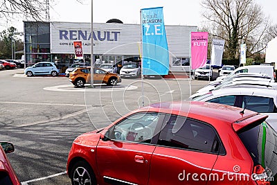 Renault brand sign and logo text on facade car dealership automobiles store signage Editorial Stock Photo