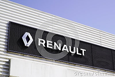 Renault brand sign and text logo front of car dealership automobiles store signage Editorial Stock Photo