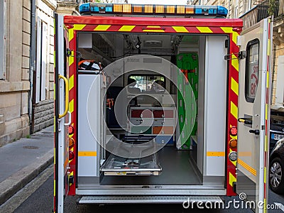 Rescue truck red open interior door firefighter ambulance of french fire ambulance Editorial Stock Photo