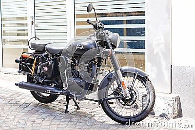 Bordeaux , Aquitaine / France - 08 04 2020 : Royal Enfield black Bullet 500 motorcycle on dealership parked on motorbike store Editorial Stock Photo