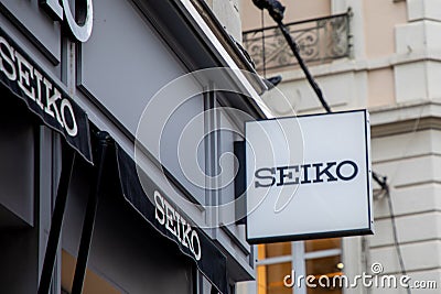 Seiko boutique text brand and sign logo chain entrance facade japanese clock shop Editorial Stock Photo