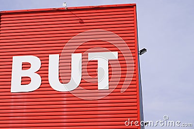 But sign text and logo brand on facade shop french of store home equipment interior Editorial Stock Photo