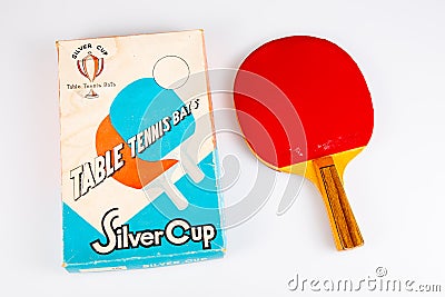 Silver cup vintage ping pong paddles red and box old ancient table tennis bats racket Editorial Stock Photo