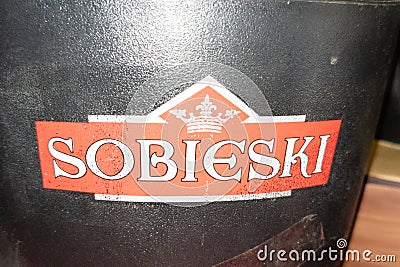 Sobieski logo text sign Polish vodka brand company Spirits on an ice bucket in bar Editorial Stock Photo