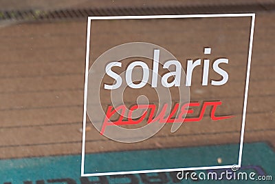 Solaris Power logo brand and text sign Yachts High quality open and lobster yacht Editorial Stock Photo