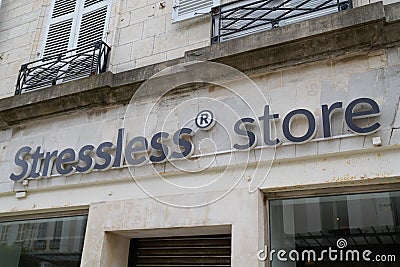 Stressless logo brand and text sign wall entrance facade mattresses pillows and Editorial Stock Photo