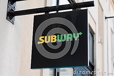 Subway sign brand and text logo front of us togo restaurant fastfood Editorial Stock Photo