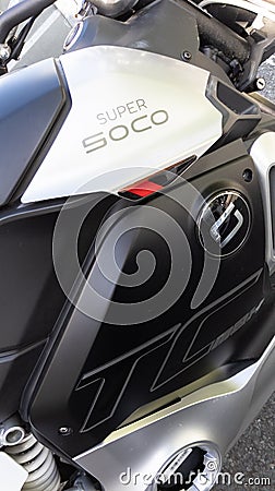 Super Soco Tc max side motorcycle electric motorbike logo brand and text sign Editorial Stock Photo