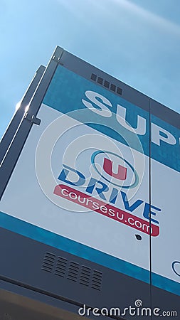 Bordeaux , Aquitaine / France - 08 04 2020 : Super U drive text on supermarket store french shop sign market logo Editorial Stock Photo