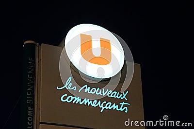 Bordeaux , Aquitaine / France - 06 20 2020 : Super U sign logo of french supermarket store in france Editorial Stock Photo