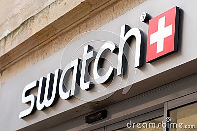 Bordeaux , Aquitaine / France - 05 10 2020 : Swatch logo sign swiss watch manufacturing watches Editorial Stock Photo
