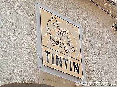 Tintin logo text and brand sign store of comic hero shop of herge book comics boutique Editorial Stock Photo
