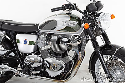 Triumph bike bonneville t100 detail sign text and brand logo on motorbike 110th Editorial Stock Photo