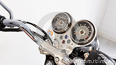 Triumph logo sign on dashboard bonneville t100 motorcycle Editorial Stock Photo