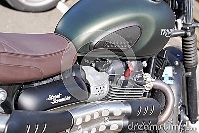 Triumph vintage scrambler 900 motorcycle detail fuel tank on motorbike classic Editorial Stock Photo