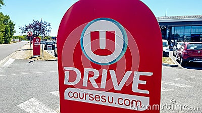 Bordeaux , Aquitaine / France - 07 07 2020 : u drive logo sign for Super U supermarket french store Editorial Stock Photo