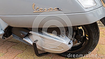 Vespa text sign and brand logo silver chrome on engine italian moped grey gts vintage Editorial Stock Photo