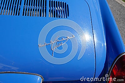 Bordeaux , Aquitaine / France - 06 10 2020 : volkswagen Karmann Ghia blue logo and sign in rear vintage car Editorial Stock Photo