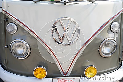 Volkswagen Old vintage minibus retro classic front logo brand sign bus kombi Type 2 vw Editorial Stock Photo