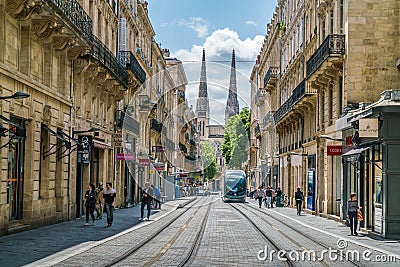 Bordeaux, France, 9 may 2018 - Tram driving on the `Rue Vital Ca Editorial Stock Photo