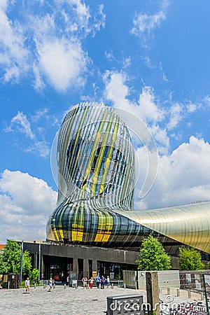 BORDEAUX, FRANCE - MAY 18, 2018: View of the modern wine museum La Cite du Vin. Vertical Editorial Stock Photo