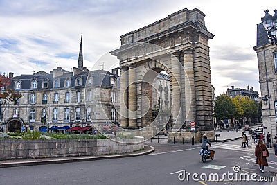 Bordeaux, France - Port du Bourgogne, Landmark Roman-style stone arch built in the 1750s as a symbolic gateway to the Editorial Stock Photo