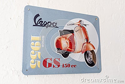 vespa gs 150 1955 old logo brand and ancient text sign on panel service piaggio scooter Editorial Stock Photo