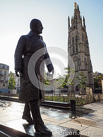 BORDEAUX, GIRONDE/FRANCE - SEPTEMBER 20 : Statue of Jacques Chaban Delmas in Front of the Pey-Berland Tower in Bordeaux on Editorial Stock Photo