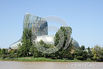 Bordeaux, Nouvelle aquitaine / France - 09 02 2018 : Cite du Vin museum from boat position on river port of entry to Bordeaux Editorial Stock Photo