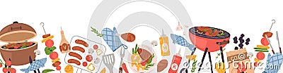 Border with BBQ party food. Long banner with barbecue grill, roasted meat, vegetables, sausages, braziers, tools on Vector Illustration