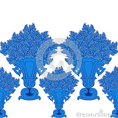 Border with blue vintage vases and abstract flowers Vector Illustration