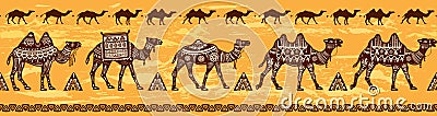 Border with Camel caravan and ethnic motifs Vector Illustration