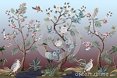 Border in chinoiserie style with herons, peacock and peonies. Vector. Vector Illustration