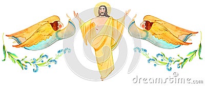 Border Christian Easter banner. God Jesus Christ with angels and flowers. Cartoon Illustration