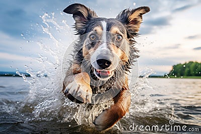 Border Collie dog bathes in the river close-up. Summer vacation concept Stock Photo