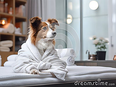 Border collie dog in a grooming salon after a shower wrapped in a towel. Dog in a bathrobe resting on bed after taking bath in a Stock Photo