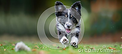 Border collie puppy herding sheep in lush green pasture, displaying intelligent work ethic Stock Photo