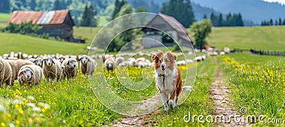 Border collie puppy herding sheep in lush green pasture, showcasing intelligence and work ethic Stock Photo