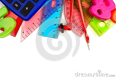 Border of colorful math themed school supplies Stock Photo