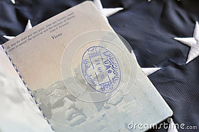 Border crossing stamp in US passport. Immigration. Stock Photo