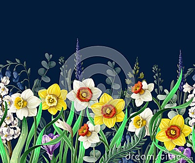 Border with daffodils and wild flowers. Vector. Vector Illustration