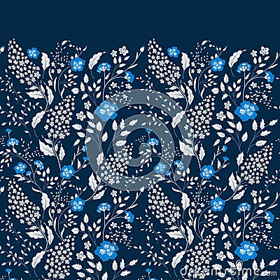 The border of delicate little blue and white flowers on navy blue background from above. Flat lay style. Vector Illustration