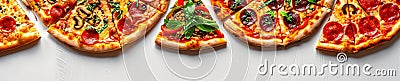 A border of different pizzas arranged in a line white isolated Stock Photo