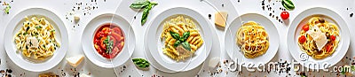 A border of different types of pasta in plates arranged in a line white isolated Stock Photo